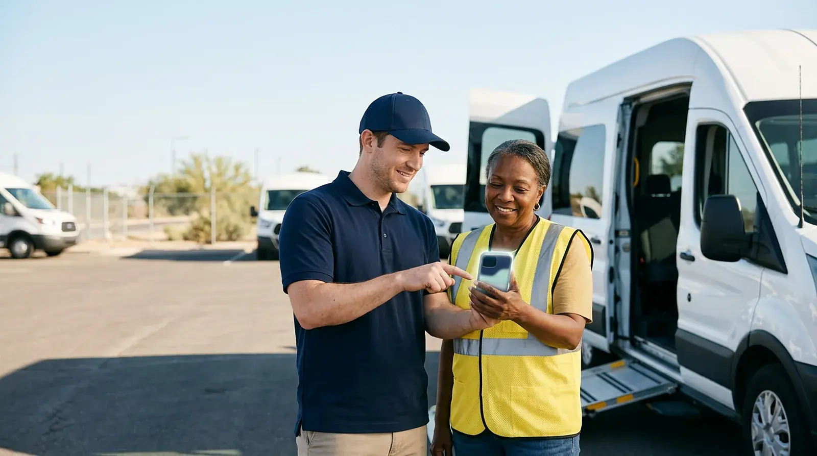 NEMT owner helps a new driver sign in to the driver app in a sunny van lot