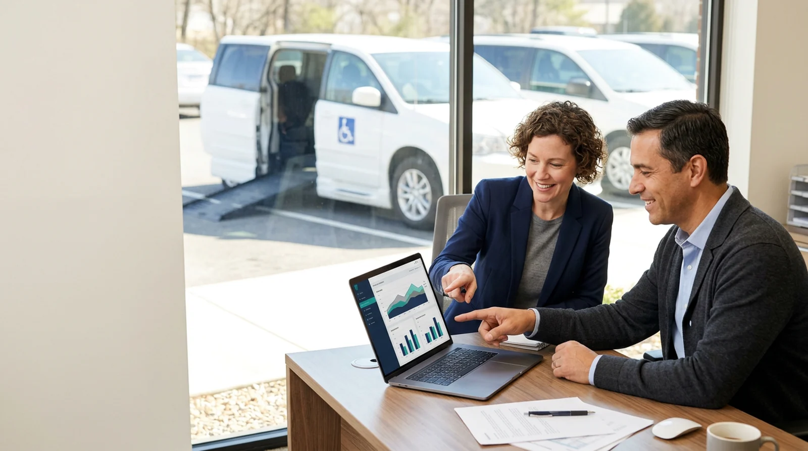 Two NEMT co-owners review a monthly operations report on a laptop in a bright office, accessible vans parked outside