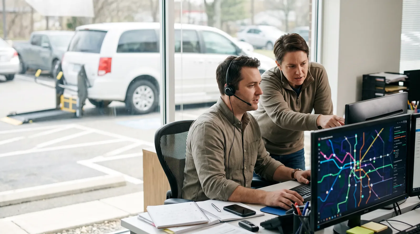 Dispatcher on a headset re-plans routes on a live map while a colleague points at the screen, with a wheelchair-accessible van outside the window