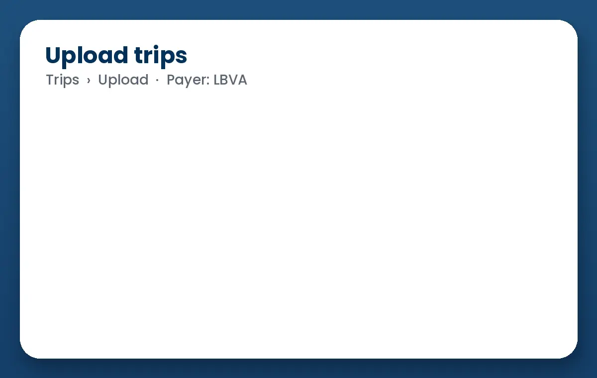 Animation: an LBVA trip file is uploaded to Bambi, every column maps automatically, and 42 trips land on the board.