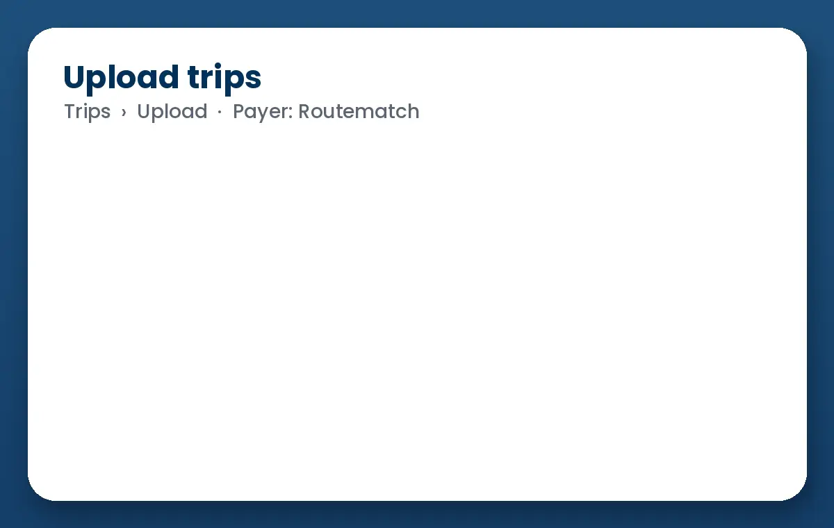 Animation: a Routematch trip file is uploaded to Bambi, every column maps automatically, and 42 trips land on the board.