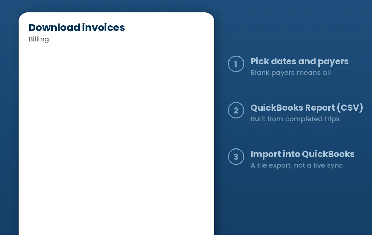 Animation: billing downloaded from Bambi as a QuickBooks Report CSV, ready to import into QuickBooks.