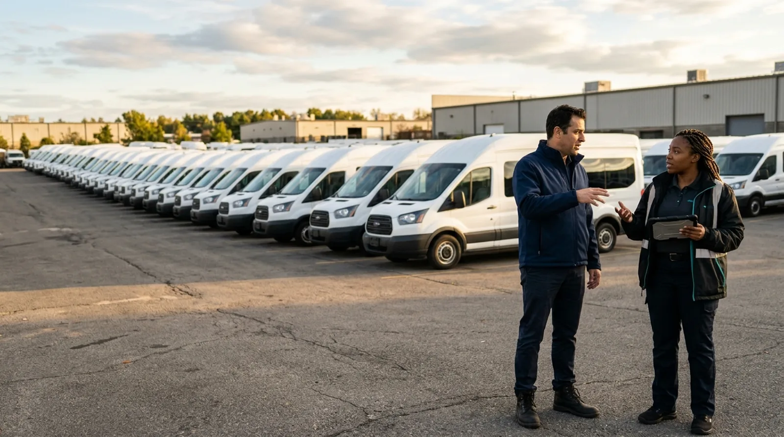 Two NEMT operations managers talk beside a long row of white wheelchair-accessible vans