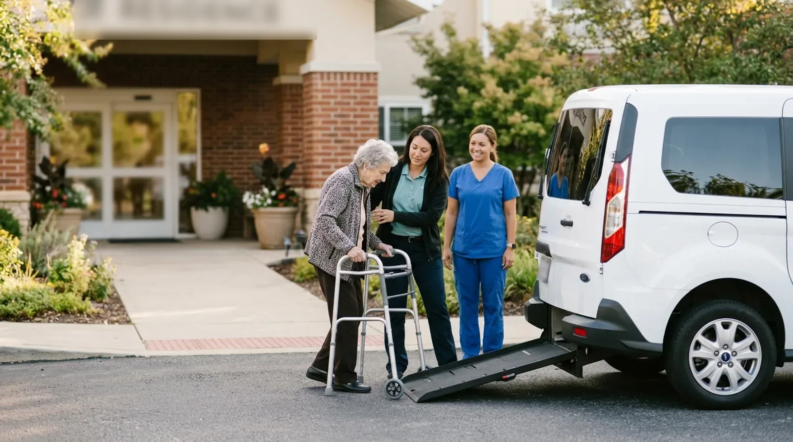 NEMT driver helps an older woman with a walker toward a wheelchair van outside a senior living community