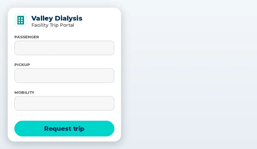 Animated facility trip portal where a clinic books a ride straight into Bambi