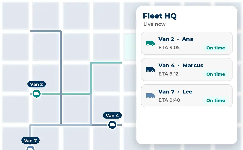 Animated Fleet HQ map with live vans, ETAs and a late trip moved to another driver