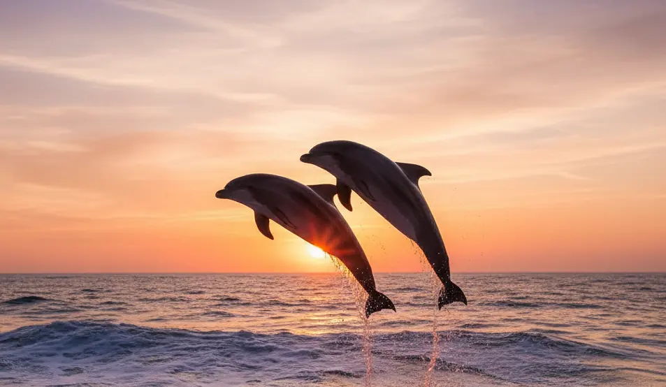 Dos delfines saltando por encima del mar durante la puesta de sol