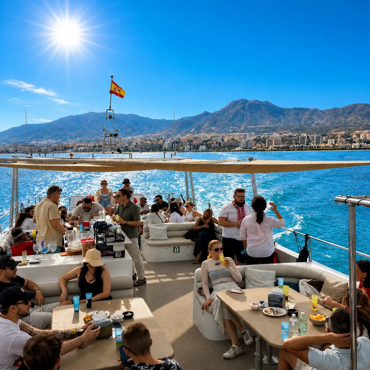 Gente en la cubierta del catamarán Serenity