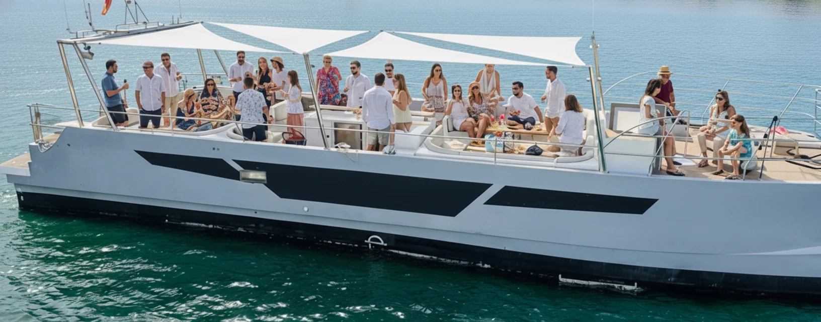 Gente a bordo del catamarán Serenity