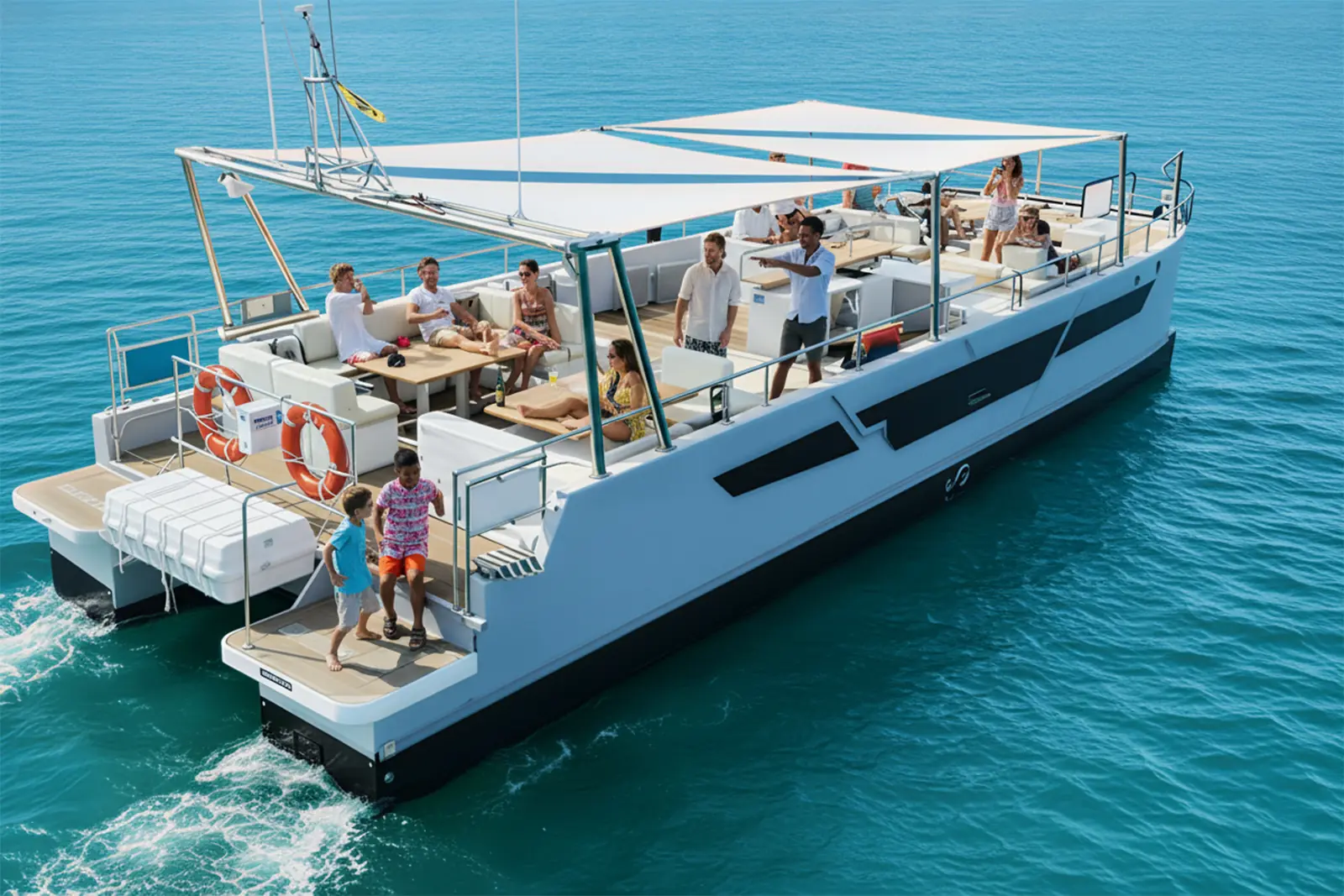 Catamarán Serenity navegando con gente a bordo