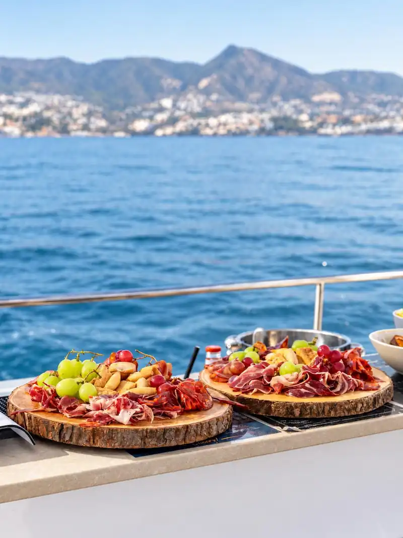 Dos bandejas de madera con jamón y fruta a bordo del catamarán Serenity