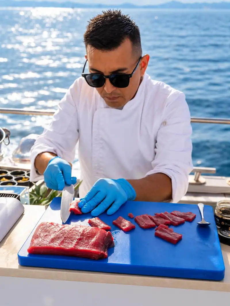 Hombre cortando rodajas de atún a bordo del catamarán Serenity