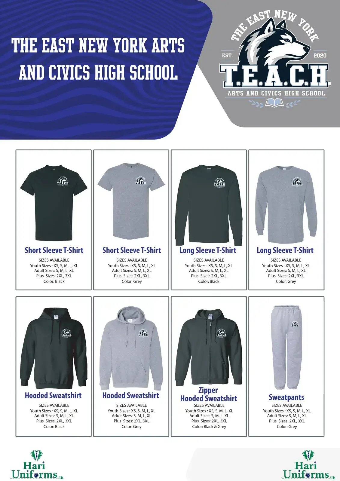 TEACH High School uniform order flyer showing available shirts and sweatshirts
