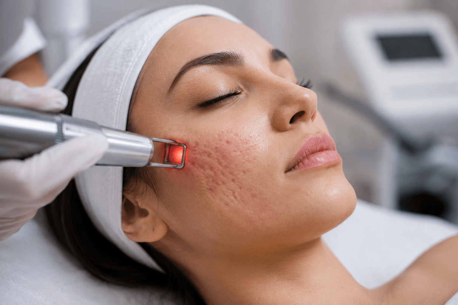 Patient receiving laser skin treatment for acne scars in La Mesa California improving skin texture and tone