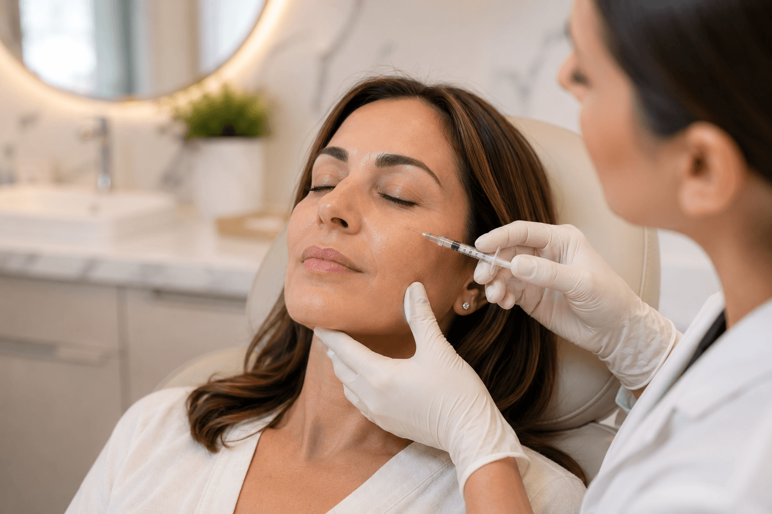 Provider administering HA filler injections during a facial treatment in La Mesa, California
