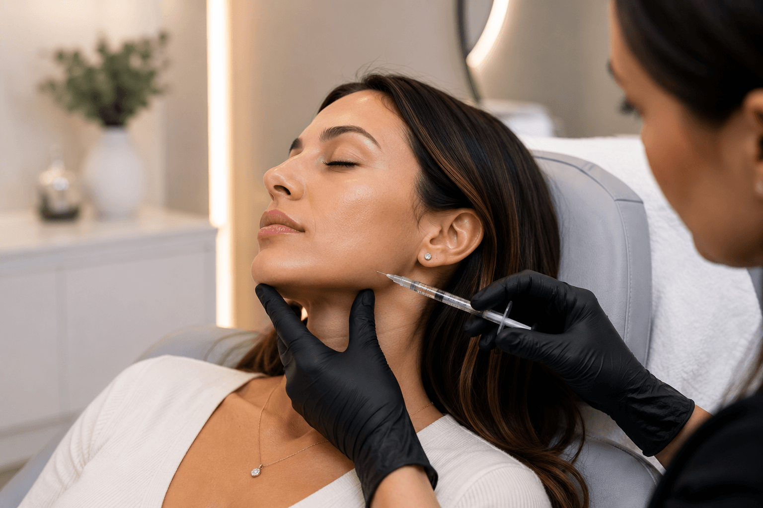 Close-up of jawline contouring using injectable filler at a med spa in La Mesa, California