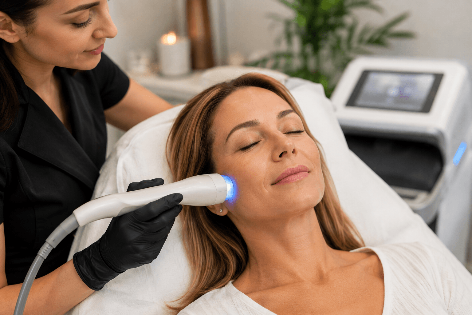 Patient receiving a non invasive facelift treatment at a med spa in La Mesa, California