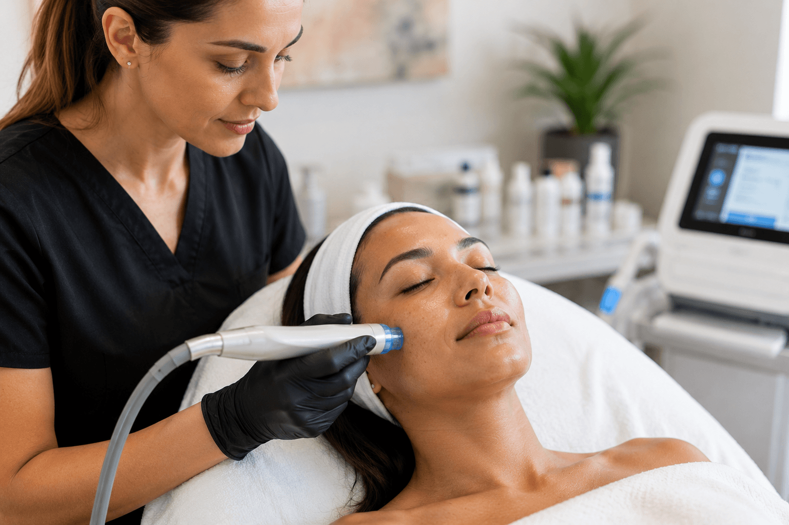 Provider treating hyperpigmentation on a patient's cheek using light-based technology in La Mesa, California