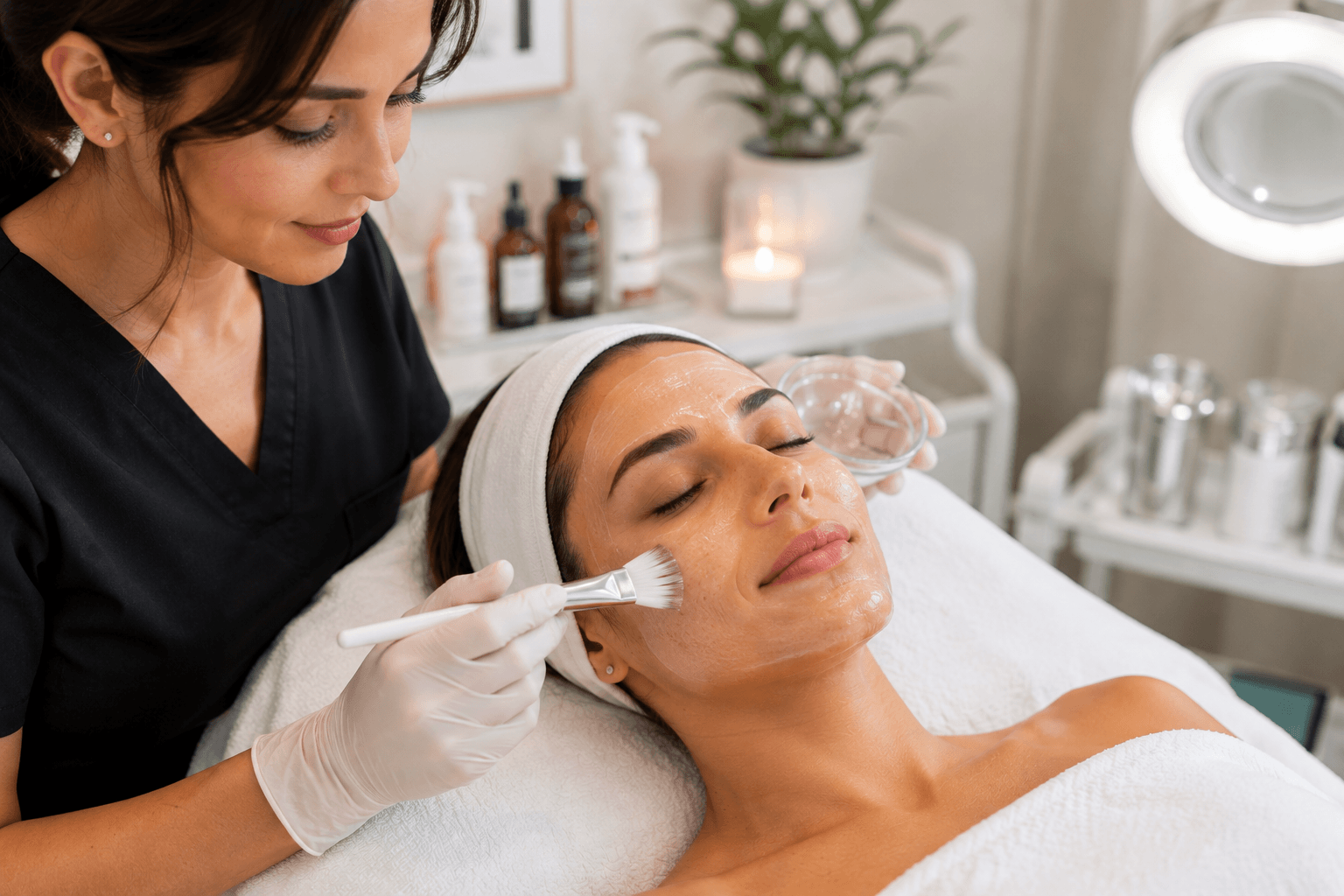 Esthetician performing a facial treatment on a client at a med spa in La Mesa, California