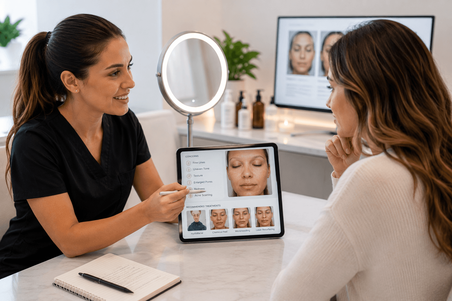 Woman receiving a personalized skin analysis before choosing aesthetic treatments in San Diego, California