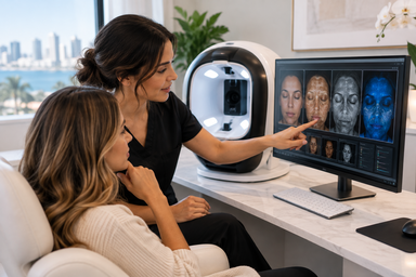 Esthetician using the Alma iQ skin analysis diagnostic tool on a patient's face at a San Diego, California med spa