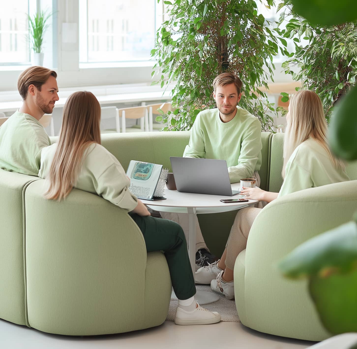Productive Team Huddle In A Green Workspace Techpay Webflow Template | BRIX Template