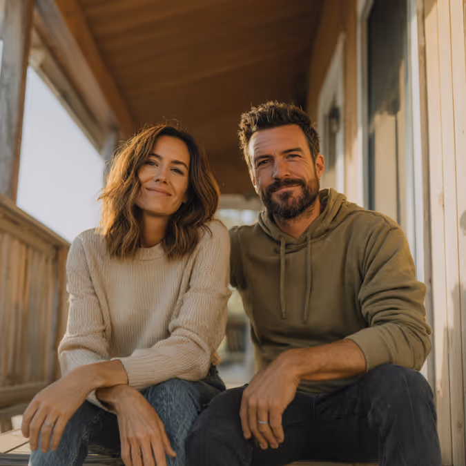 Smiling couple sitting side by side on a wooden porch, casually dressed in sweaters.