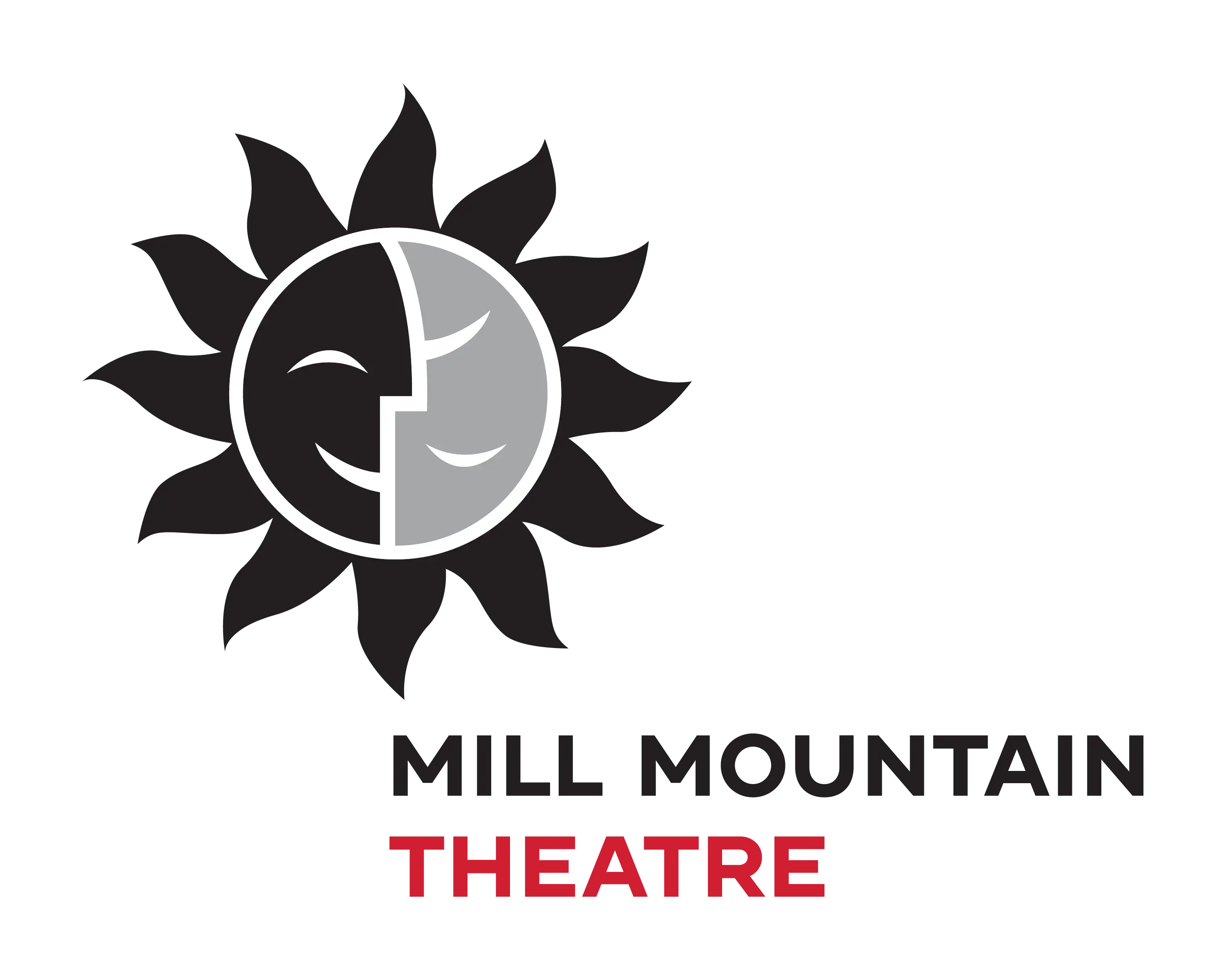 Mill Mountain Theatre logo with black and gray comedy and tragedy masks inside a sun shape.