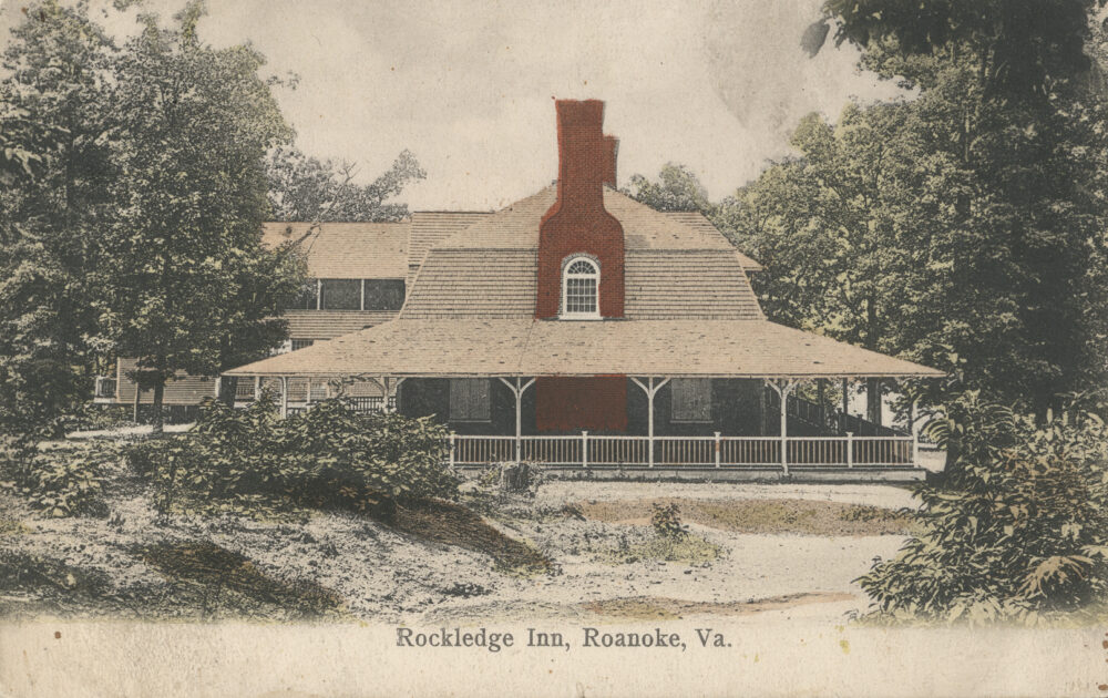 Old postcard image of Rockledge Inn in Roanoke, Virginia, showing a large house with a porch and trees.