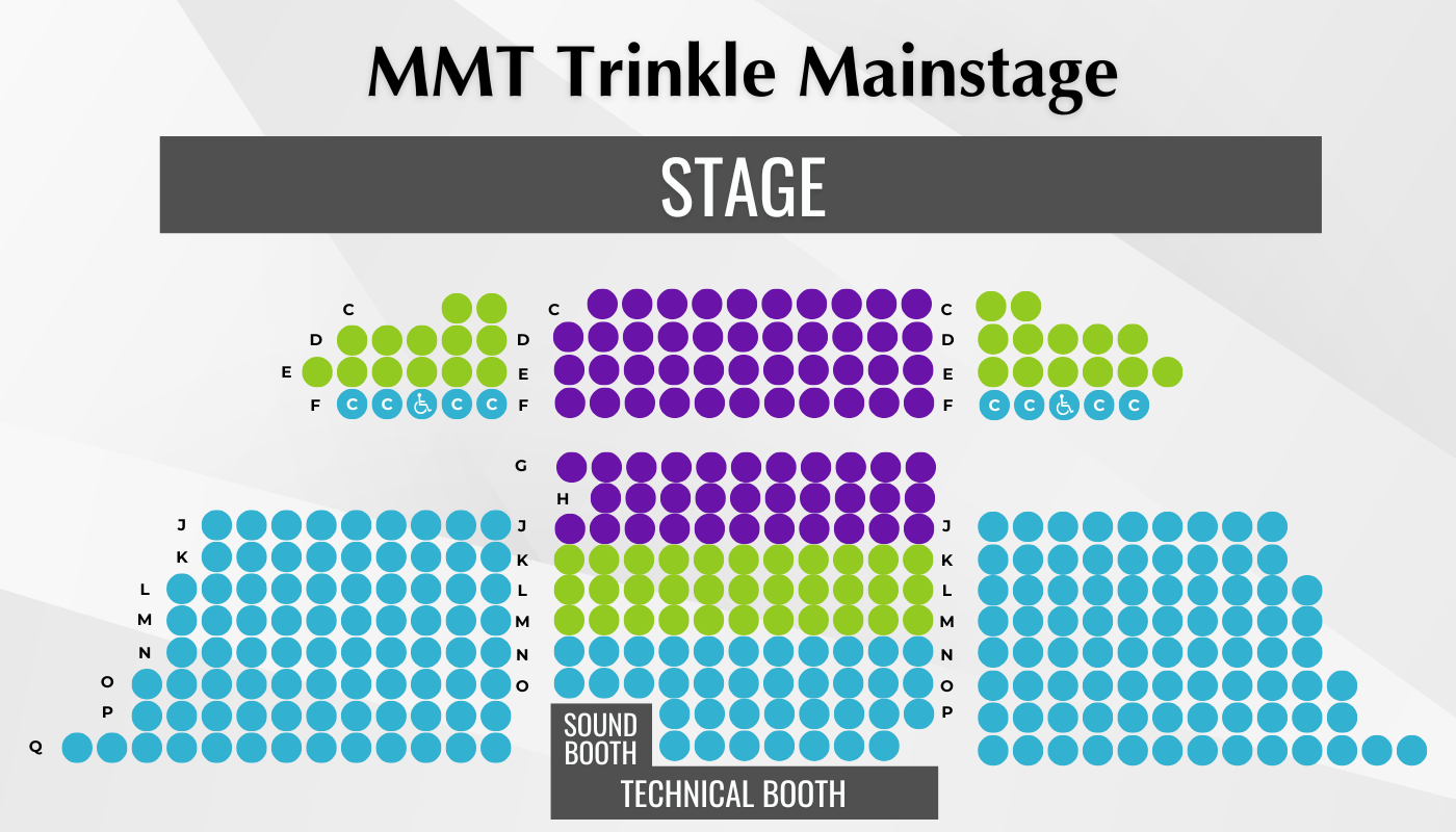 MMT Trinkle Mainstage seating chart showing stage, color-coded seat sections, wheelchair spots, and technical booth.
