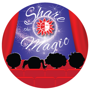 Children seated in a theater watching a screen that says Share the Magic with a sun and moon logo.