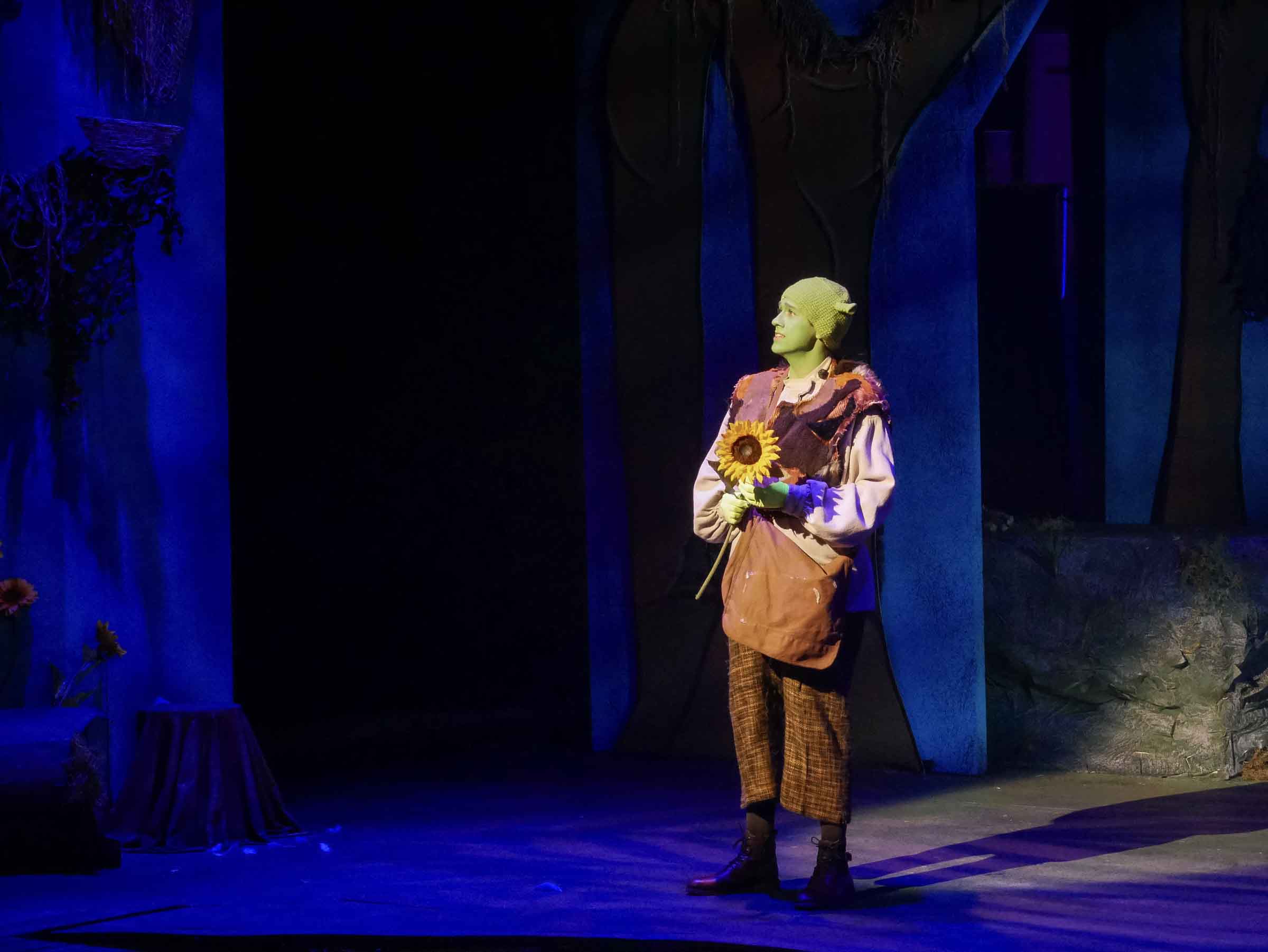 Actor in green makeup and costume holding a sunflower on dimly lit stage with blue lighting.