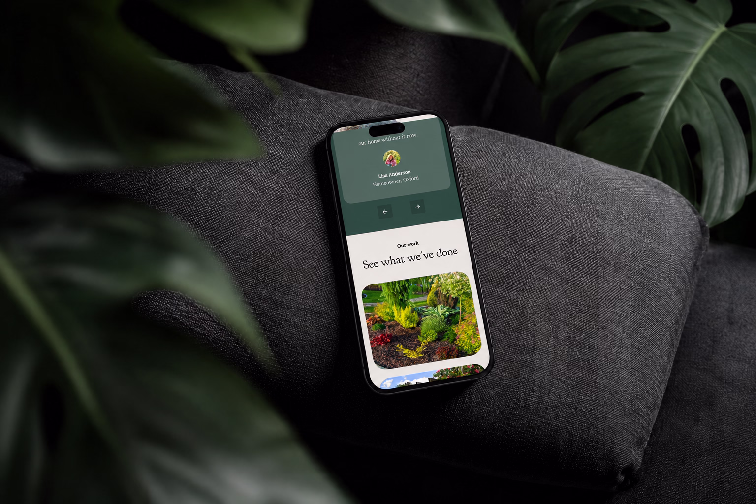 Mobile phone mockup of a local gardening business website built for UK clients