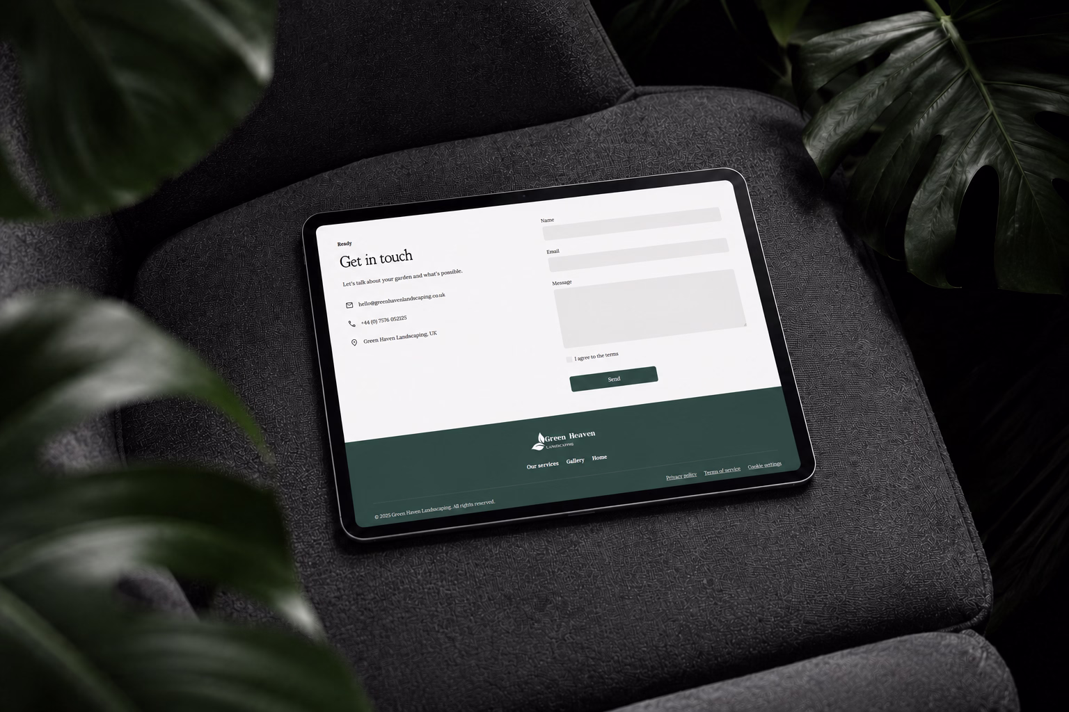 Tablet mockup showing the project gallery page of a gardening service website design