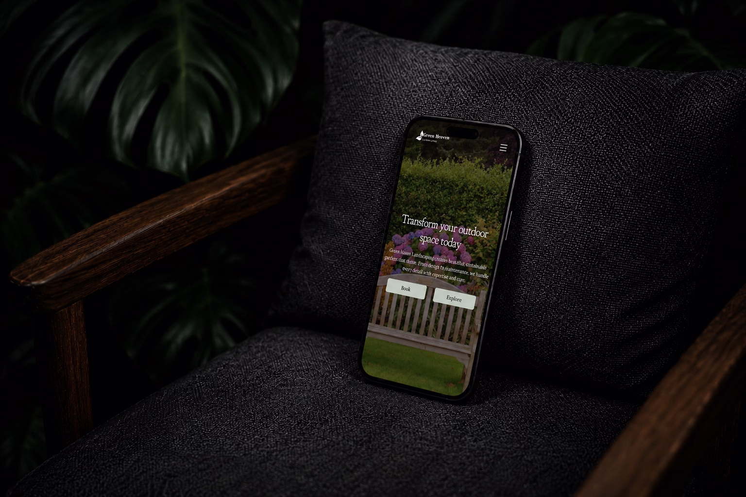 Mobile phone mockup of a gardening service website displaying the project gallery on a small screen