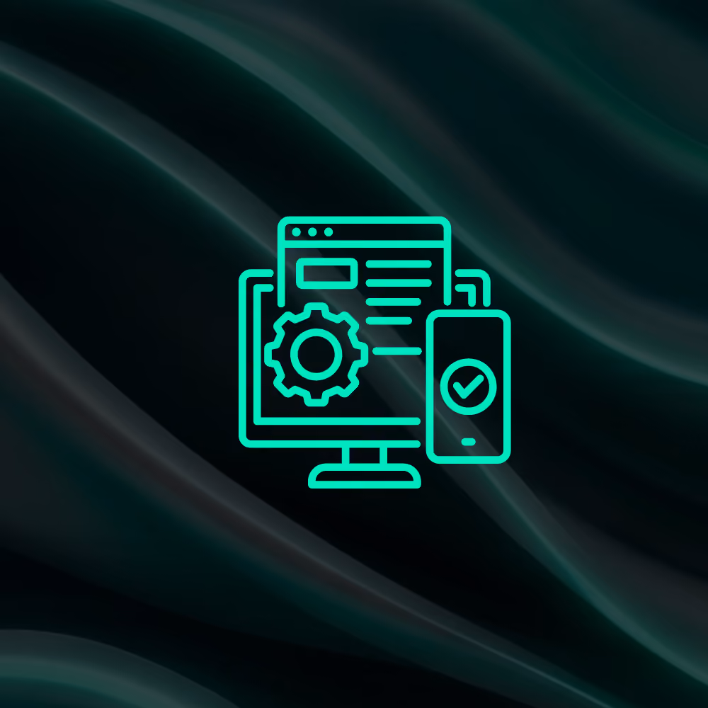 Website platform setup icon showing a desktop computer with settings and mobile device on dark background, representing web design for small businesses in Worthing