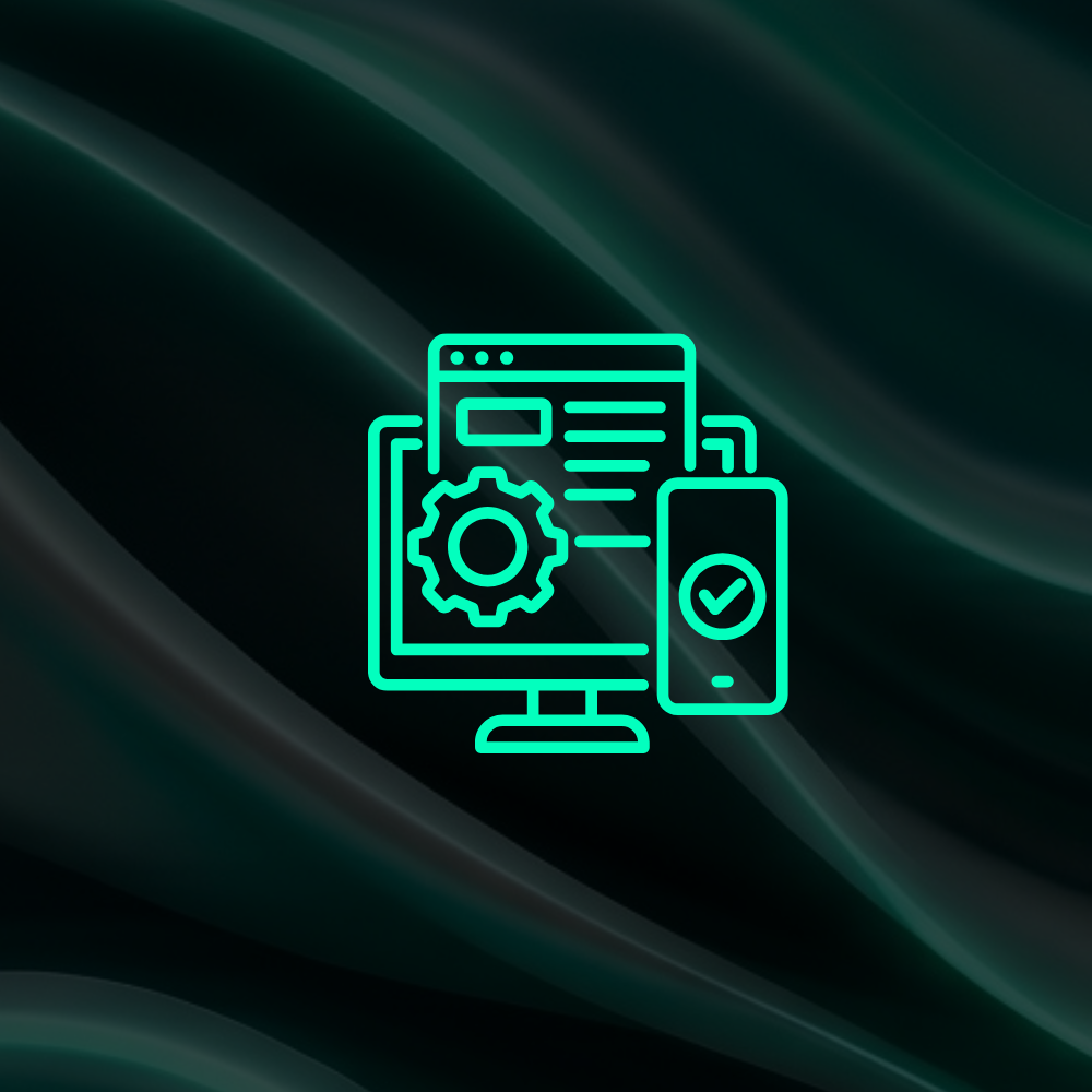 Website platform setup icon showing a desktop computer with settings and mobile device on dark background, representing web design for small businesses in Worthing