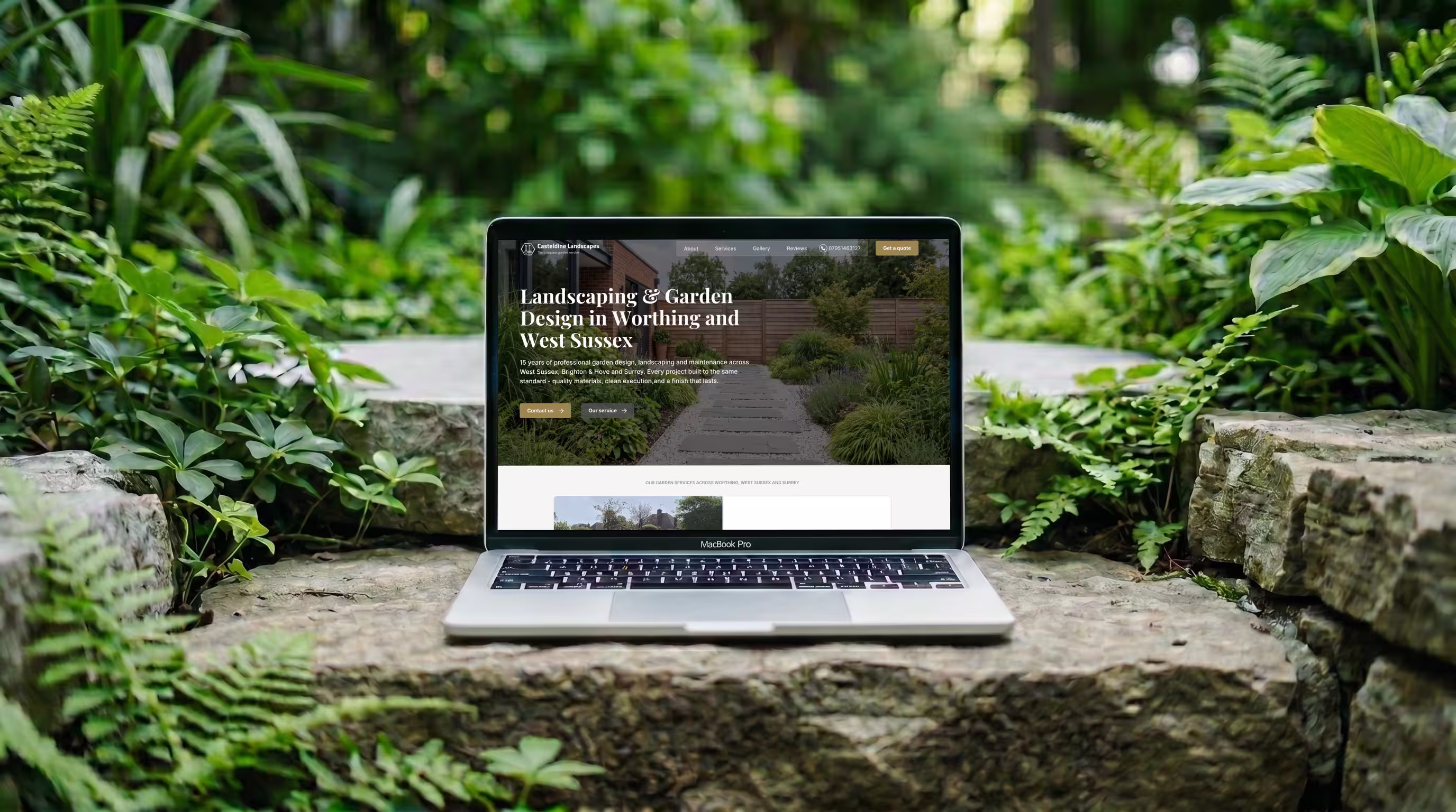 Desktop mockup of a landscaping and garden design website built in Webflow for a Worthing, West Sussex business
