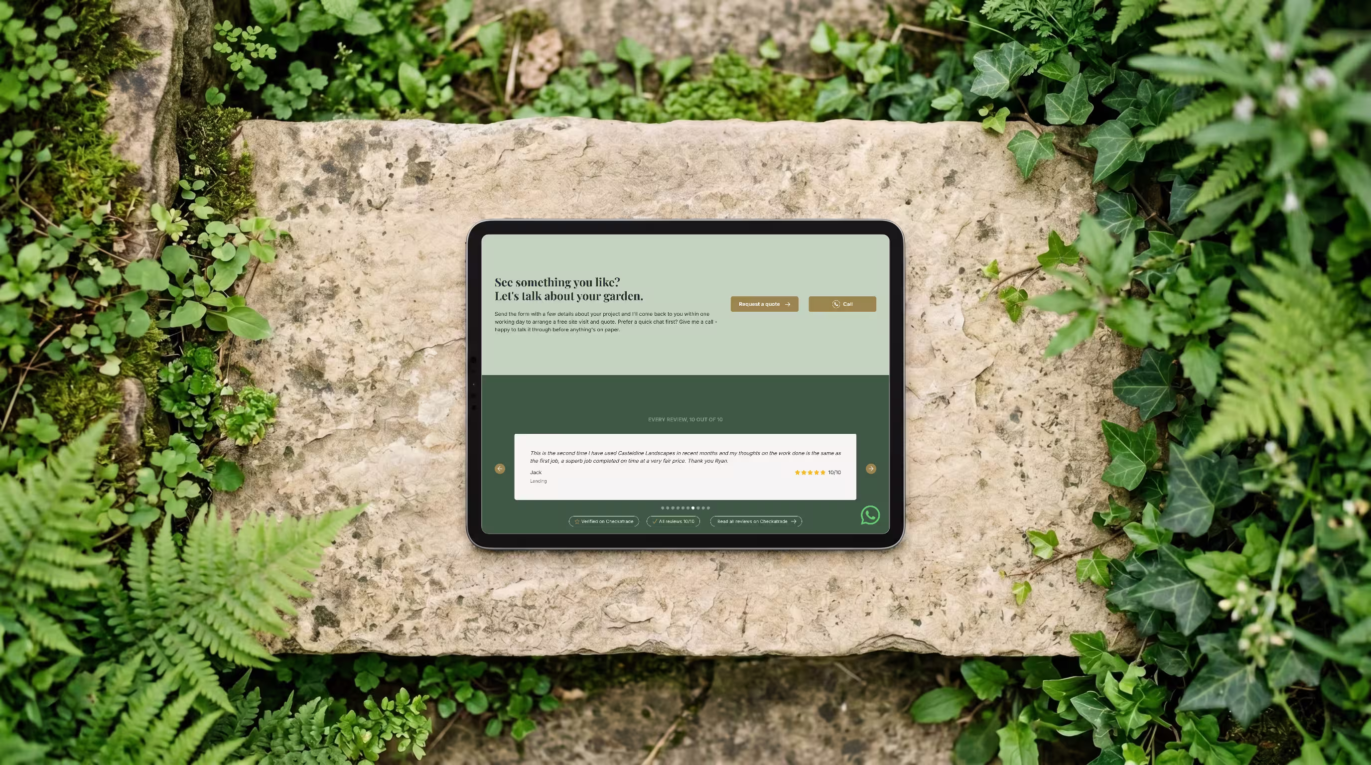 Tablet mockup showing the project gallery of a landscaping website designed in West Sussex