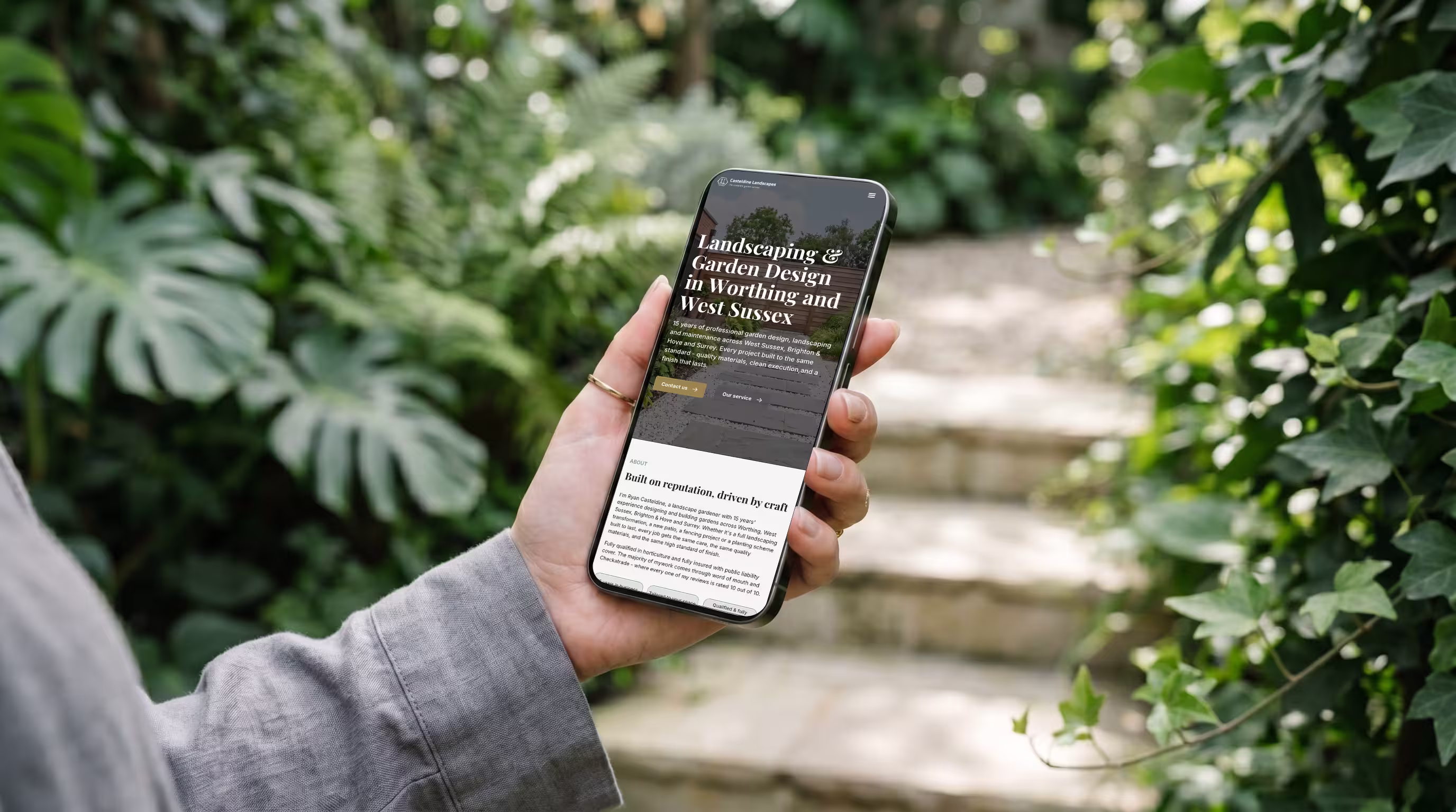 Mobile mockup of a garden landscaping website displaying before and after project photos