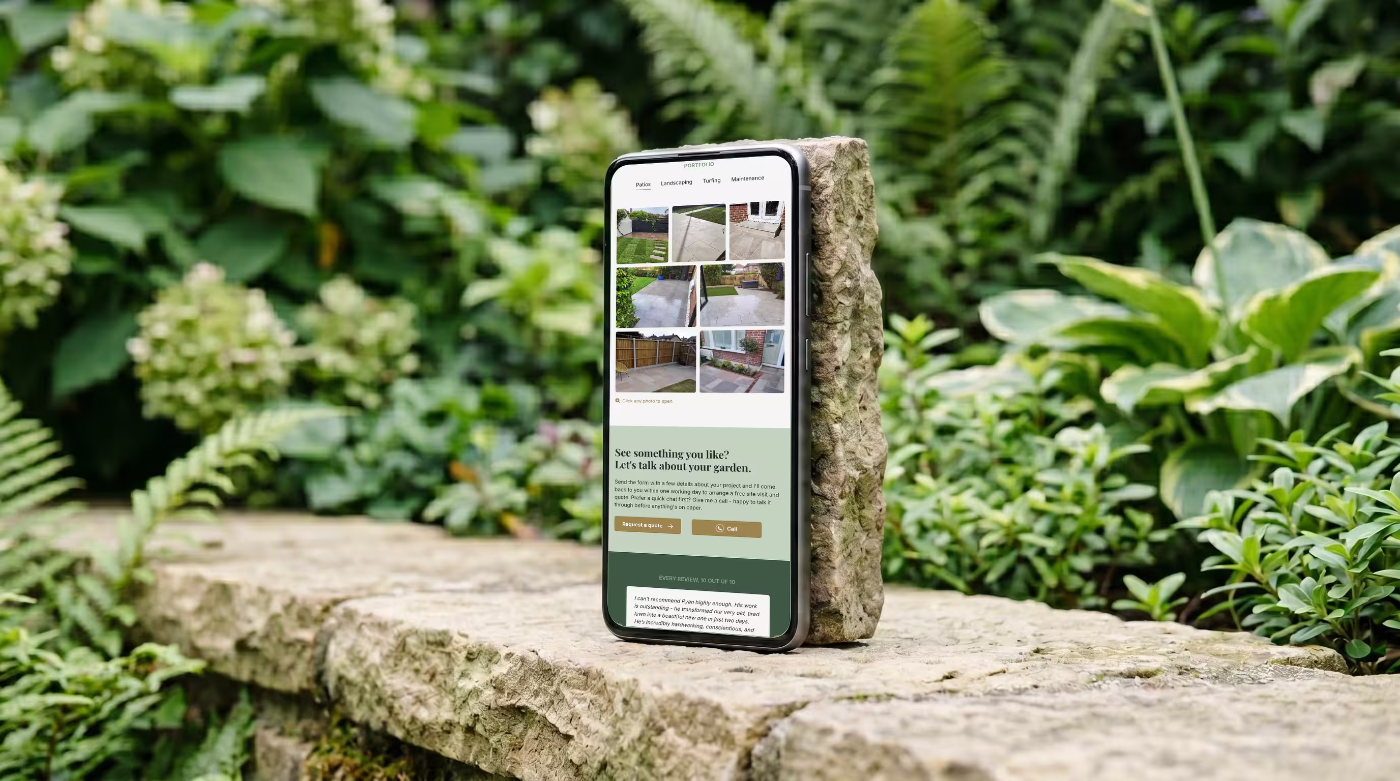 Mobile mockup of a landscaping business website showing garden services on a phone screen