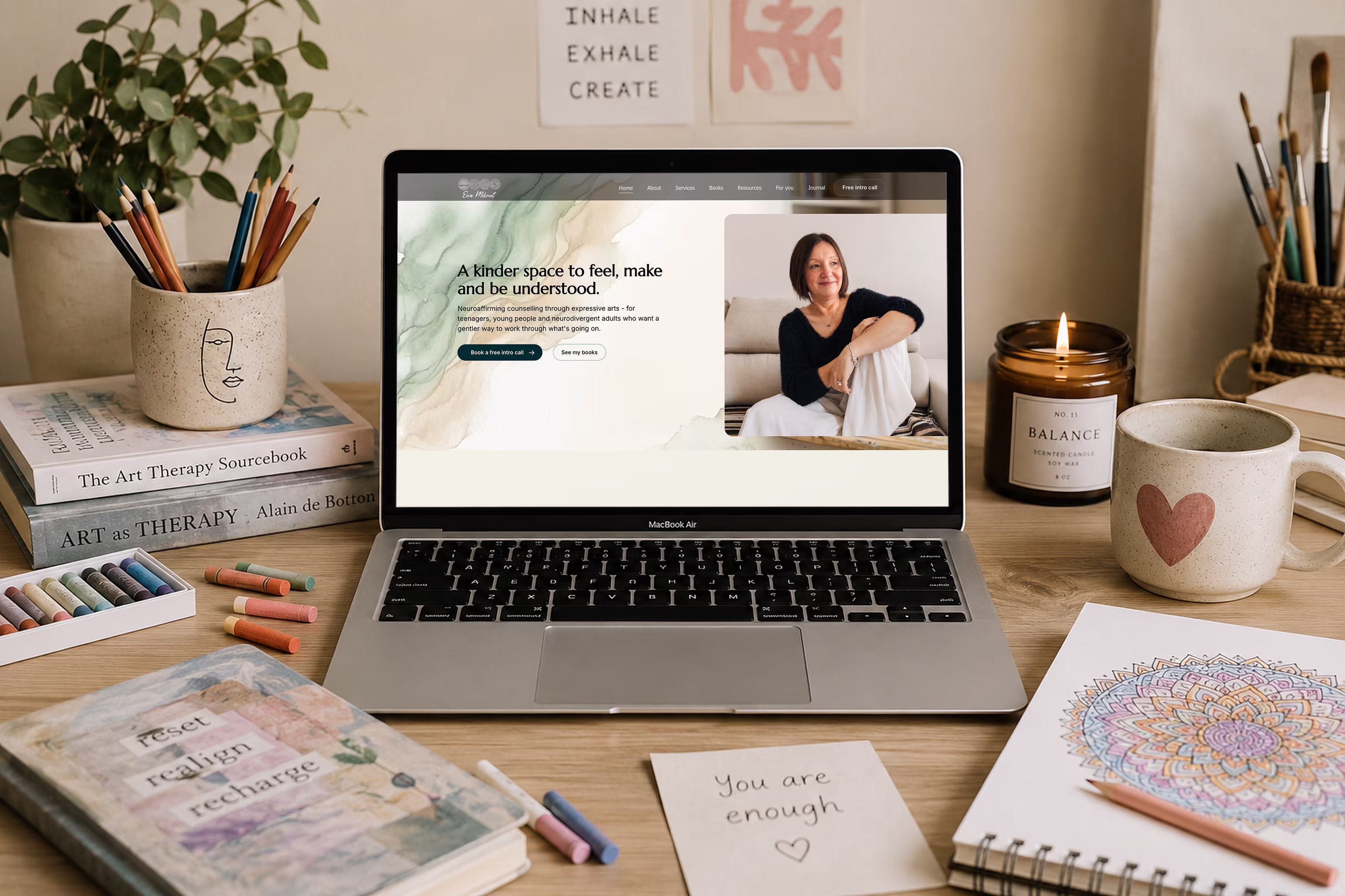 Desktop mockup of a counselling and expressive arts therapy website design showing the homepage and session types