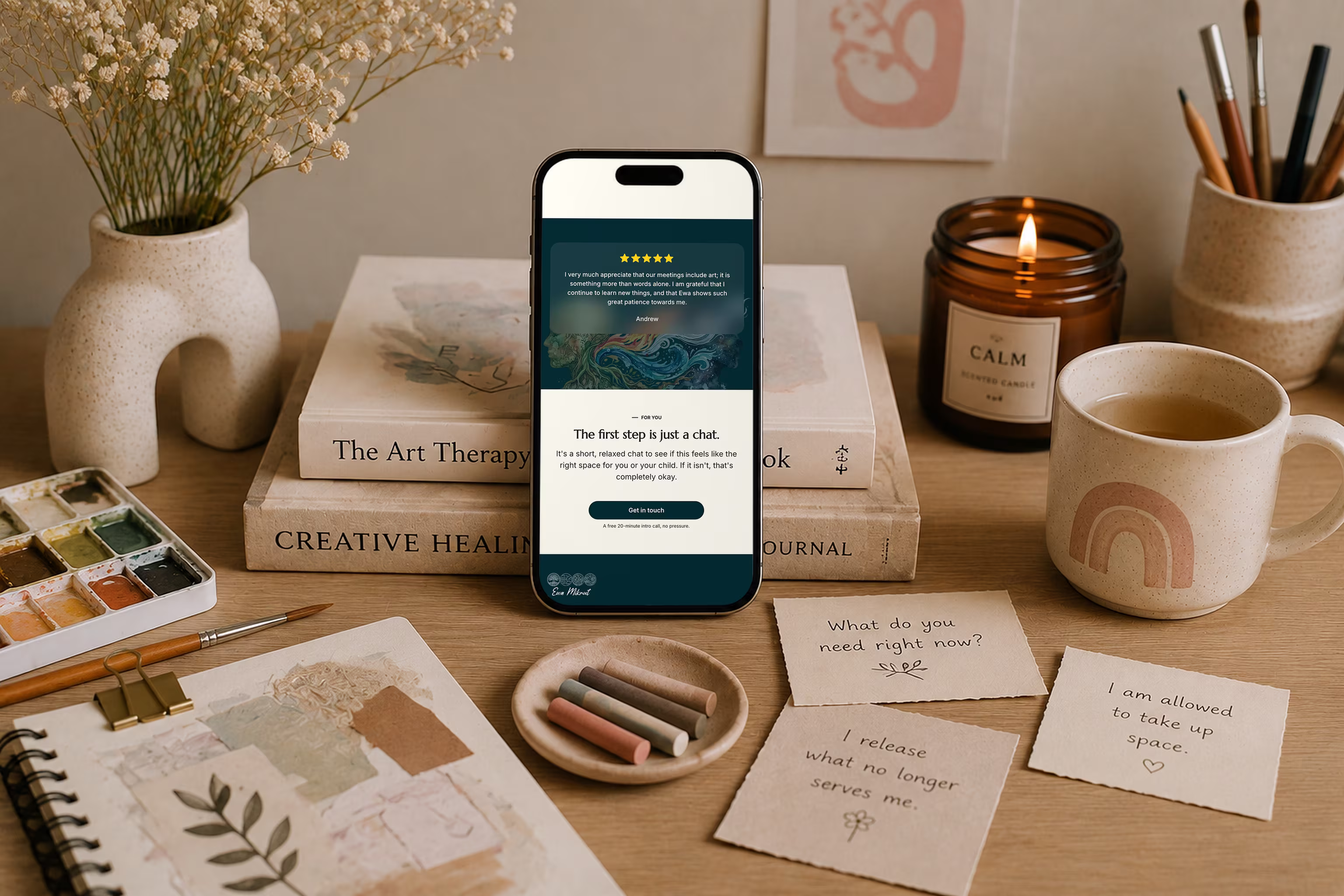 Phone mockup of the free intro call booking page of a creative counselling website