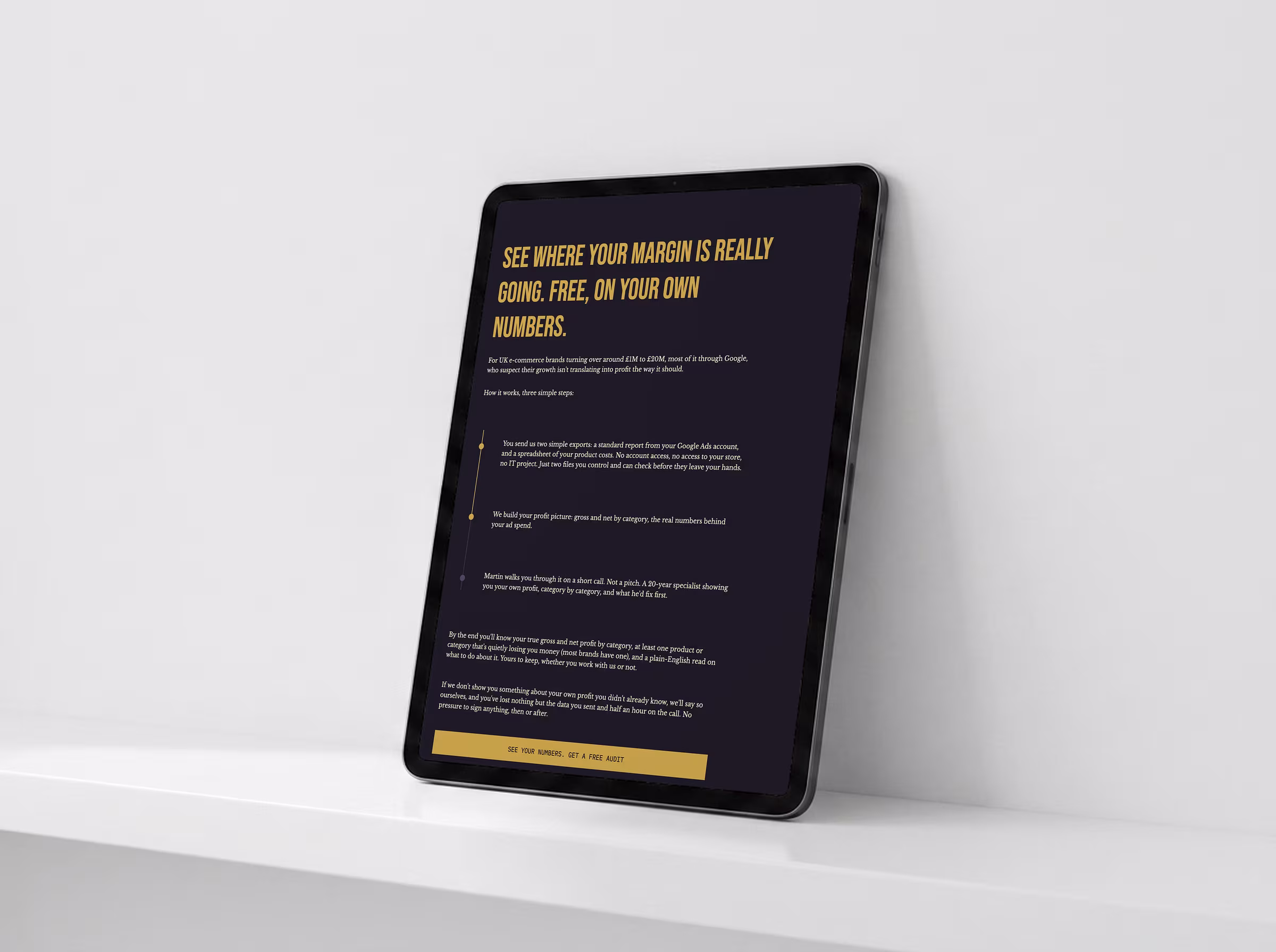 Tablet mockup showing the flat-fee pricing section of a Google Ads agency website designed in Webflow