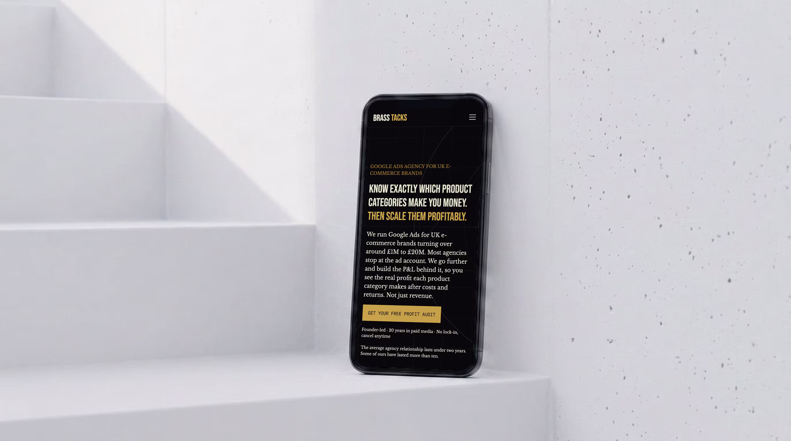 Phone mockup of the free profit audit enquiry form on a Google Ads agency website