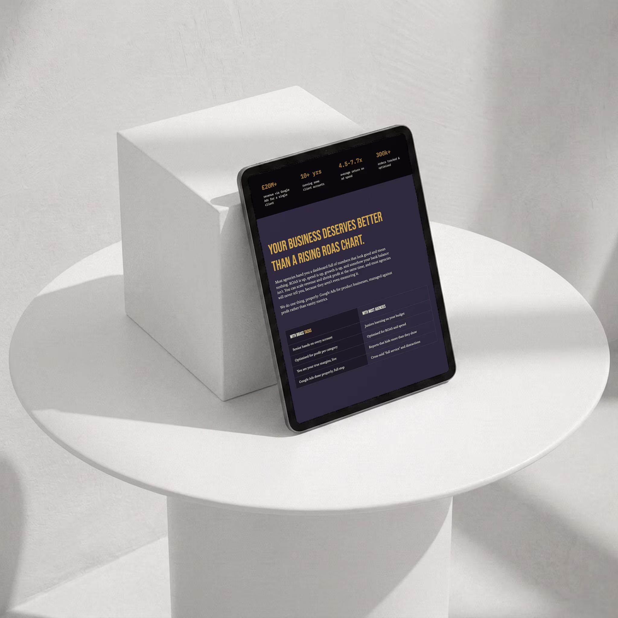 Tablet mockup of the profit dashboard section of a marketing agency website showing results by product category