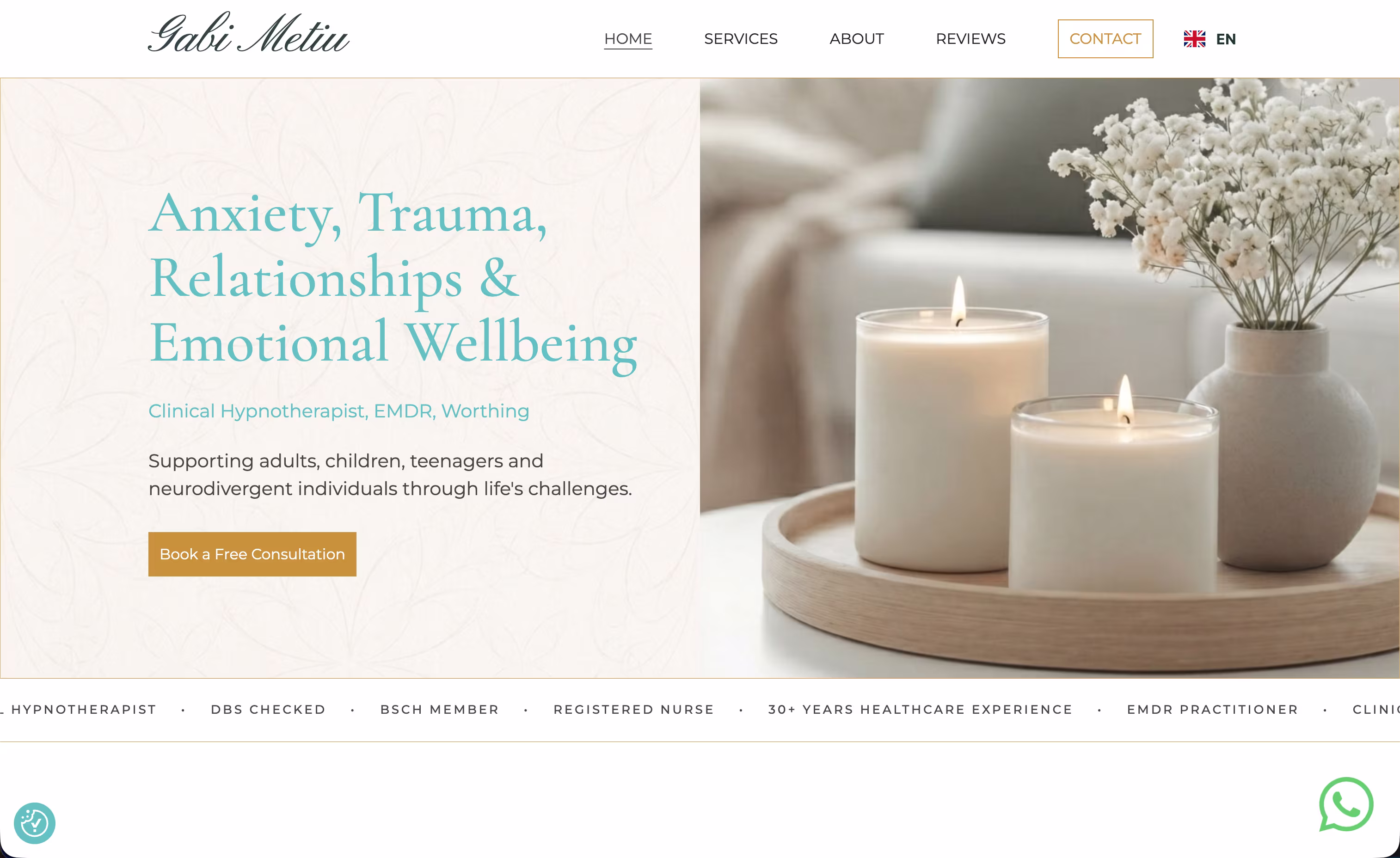 Webflow website design for hypnotherapy practice - custom therapist website by web developer Worthing, West Sussex