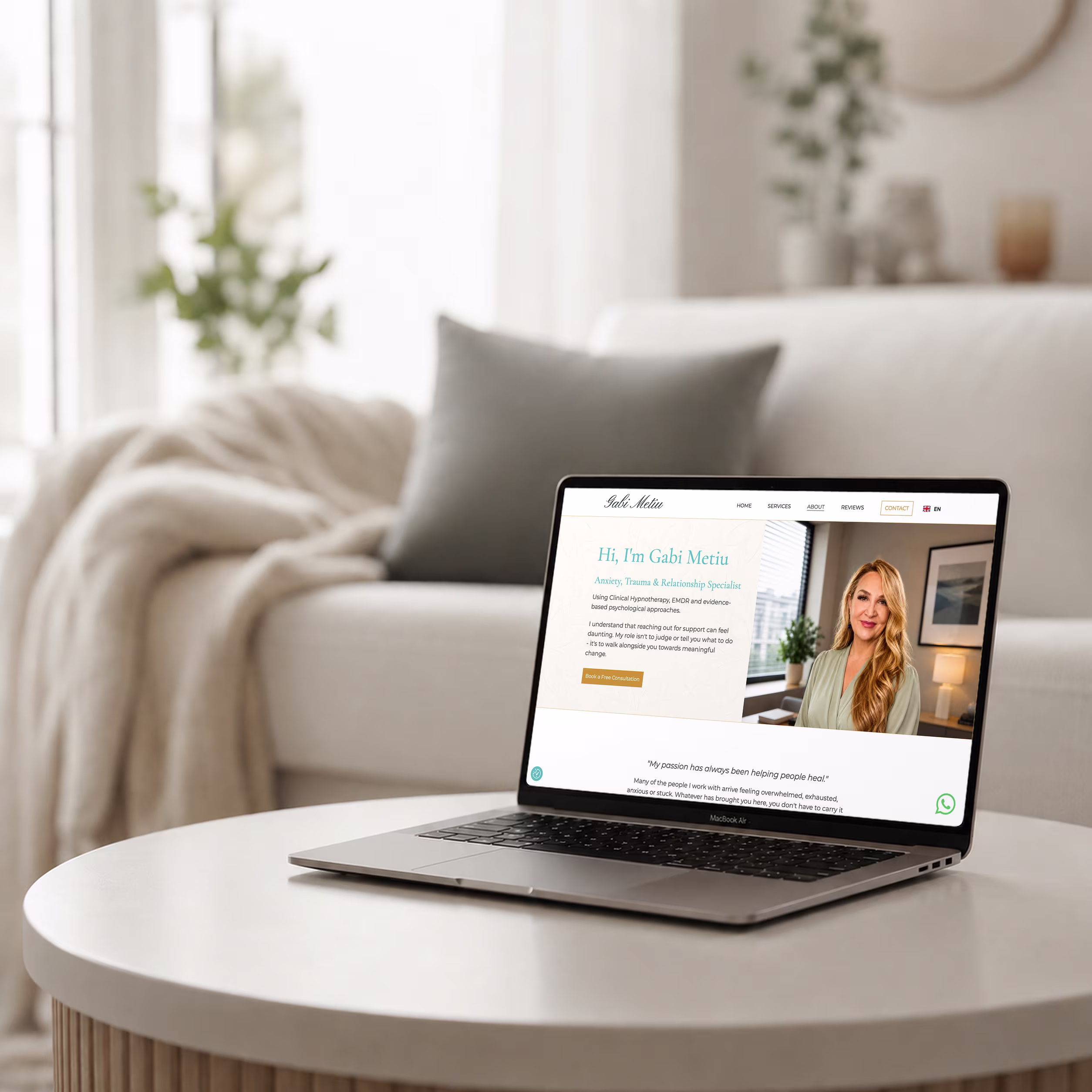 Laptop screen showing the homepage of a hypnotherapy website built in Webflow for a Worthing clinical practice