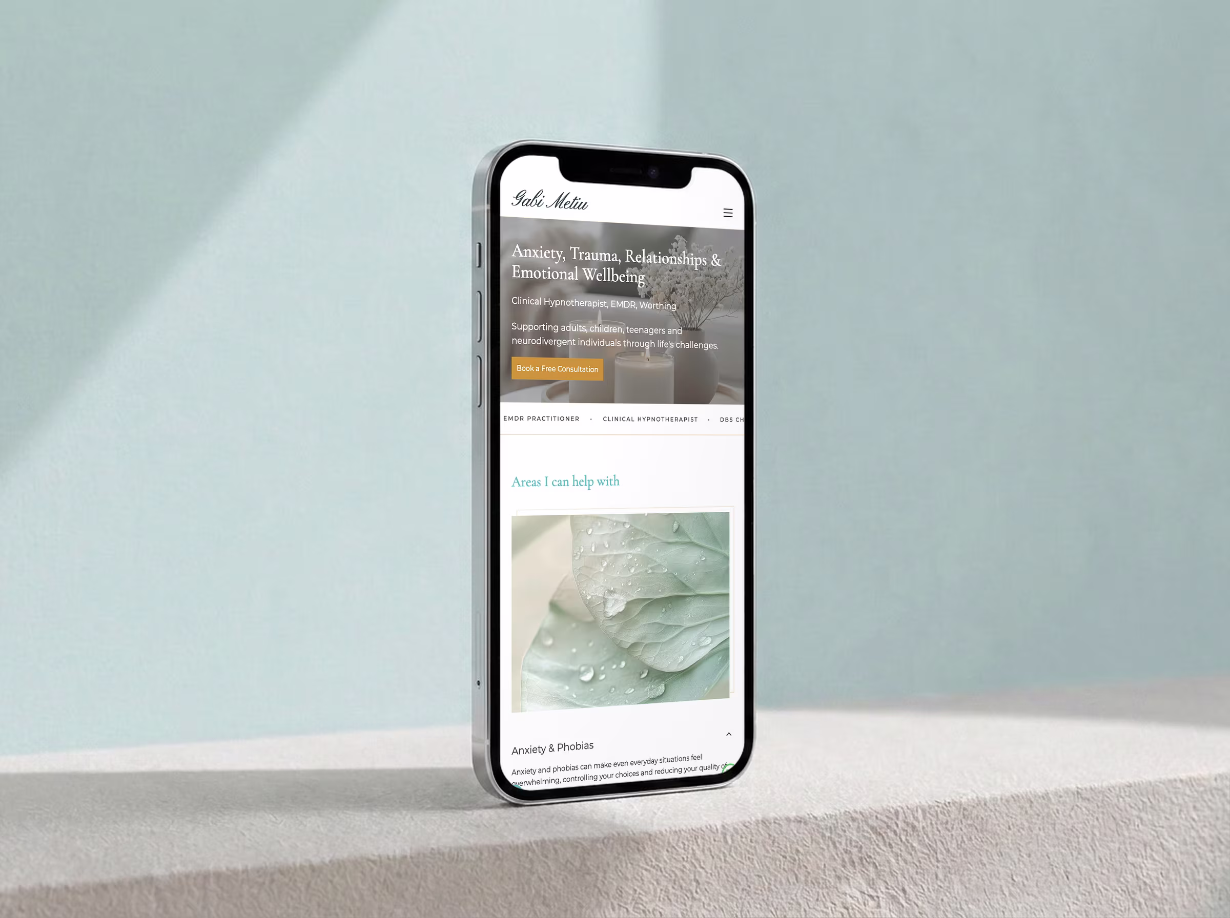 Phone mockup of the free consultation booking page of a hypnotherapy and EMDR website