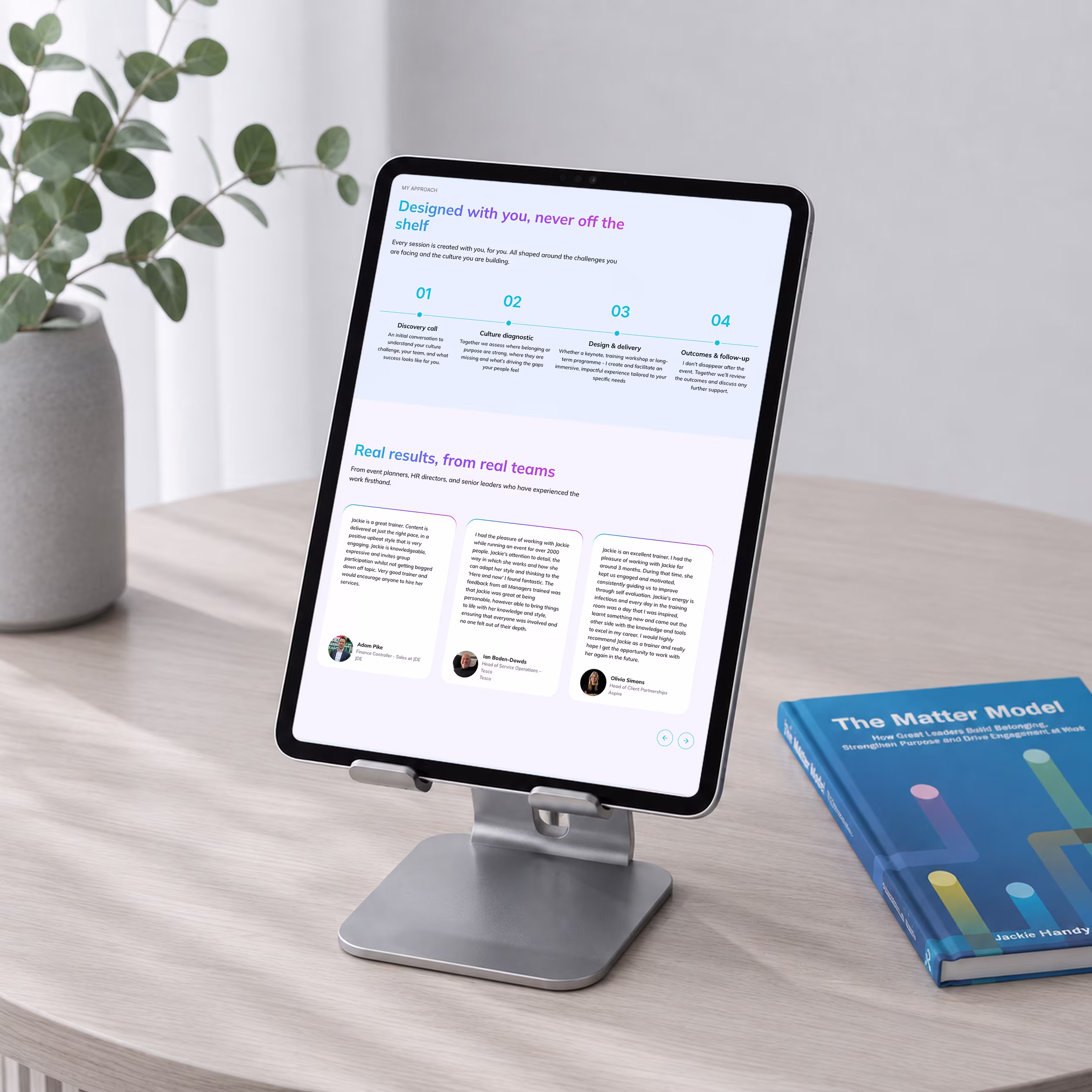 Phone mockup of the leadership framework page on a Webflow keynote speaker website